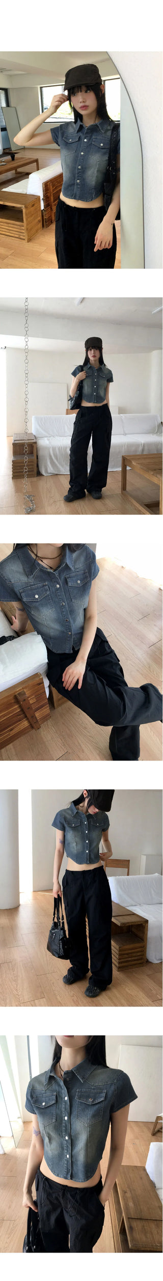 Markle Pocket Slim Faded Denim Crop Short Sleeve Shirt