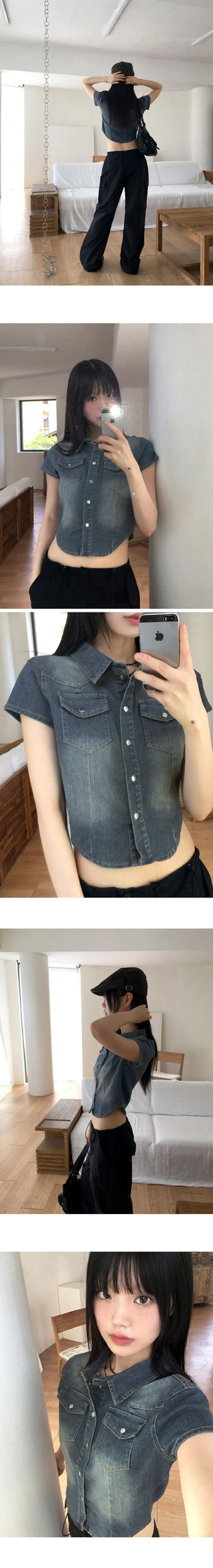 Markle Pocket Slim Faded Denim Crop Short Sleeve Shirt