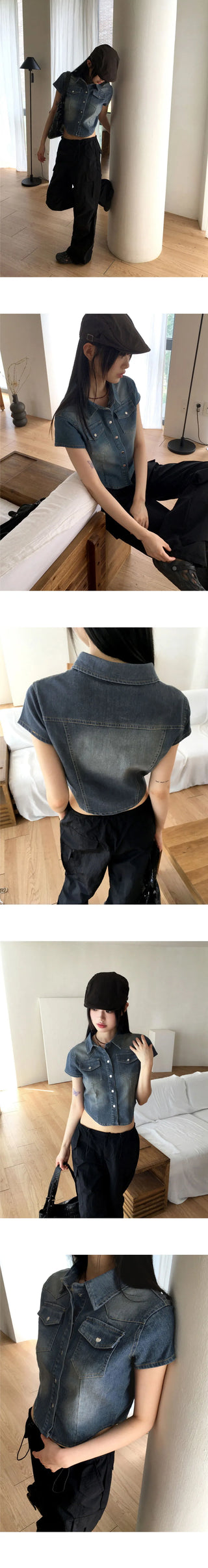 Markle Pocket Slim Faded Denim Crop Short Sleeve Shirt