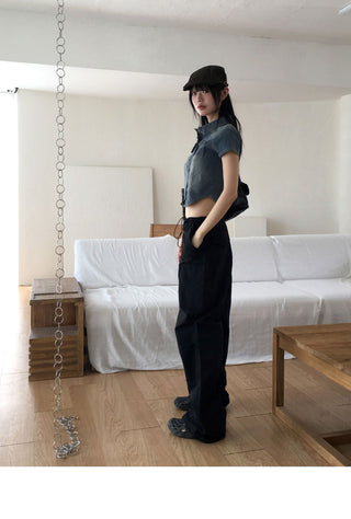 Markle Pocket Slim Faded Denim Crop Short Sleeve Shirt