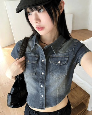 Markle Pocket Slim Faded Denim Crop Short Sleeve Shirt
