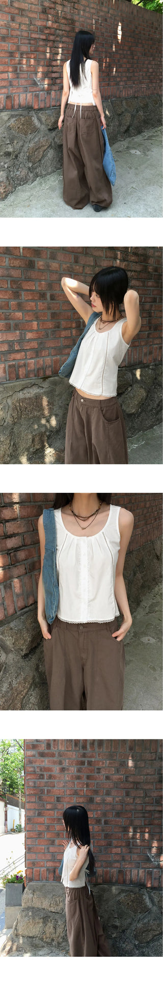 Hicoa Lace Pleated Button Strap Sleeveless Blouse