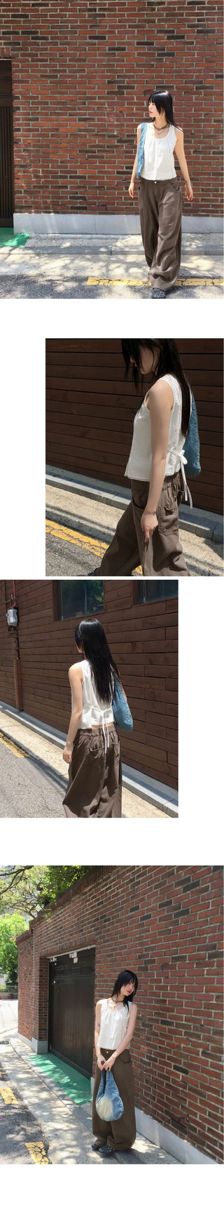 Hicoa Lace Pleated Button Strap Sleeveless Blouse