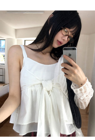 Has Ribbon Tie Strap Flare Sleeveless Blouse