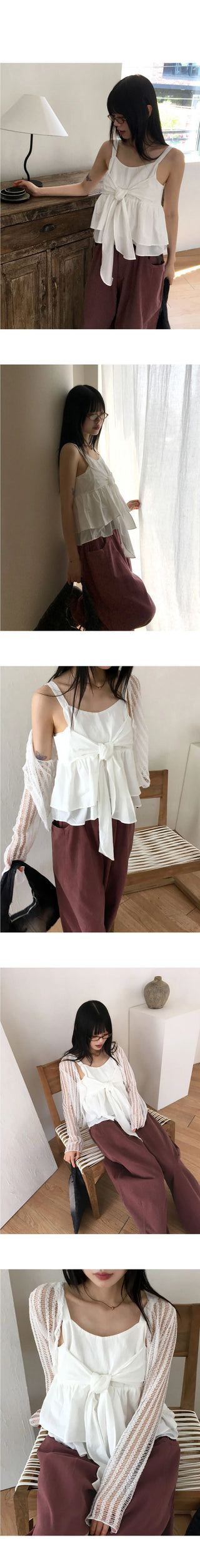 Has Ribbon Tie Strap Flare Sleeveless Blouse