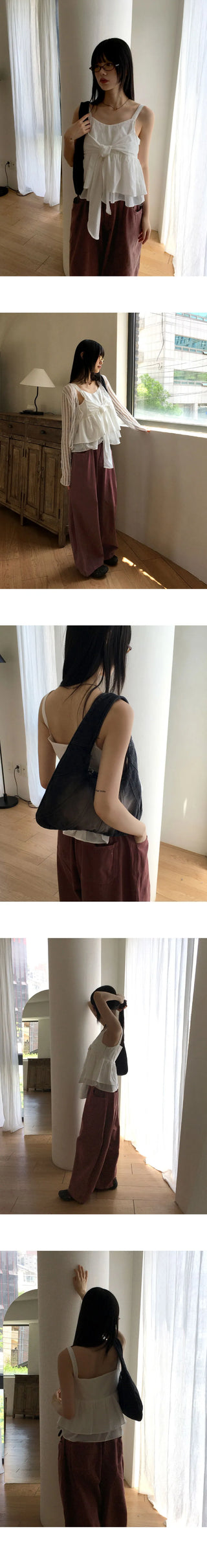 Has Ribbon Tie Strap Flare Sleeveless Blouse