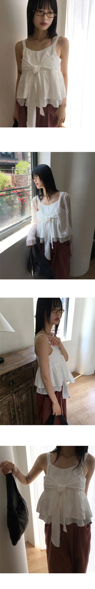 Has Ribbon Tie Strap Flare Sleeveless Blouse