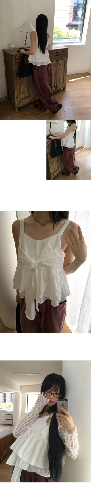 Has Ribbon Tie Strap Flare Sleeveless Blouse
