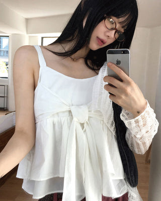 Has Ribbon Tie Strap Flare Sleeveless Blouse