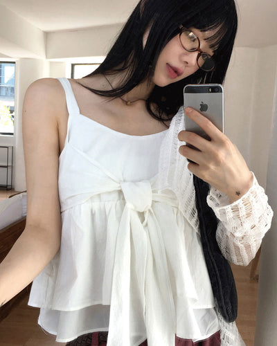 Has Ribbon Tie Strap Flare Sleeveless Blouse