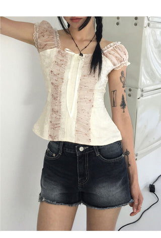 Killer flower jacquard color combination ribbon sleeveless blouse