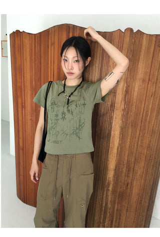Pecon Tattoo Printing Semi Crop Short Sleeve T-Shirt