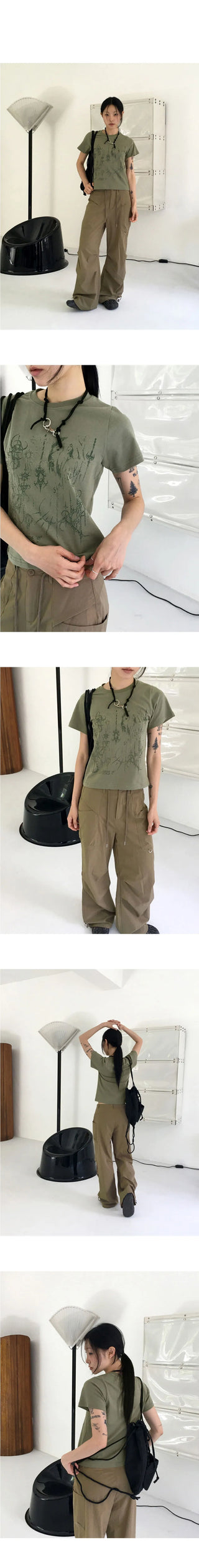 Pecon Tattoo Printing Semi Crop Short Sleeve T-Shirt