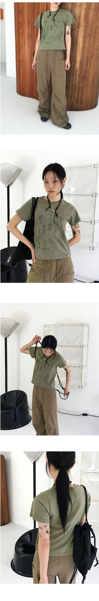 Pecon Tattoo Printing Semi Crop Short Sleeve T-Shirt