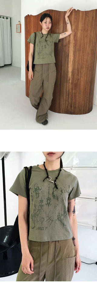Pecon Tattoo Printing Semi Crop Short Sleeve T-Shirt