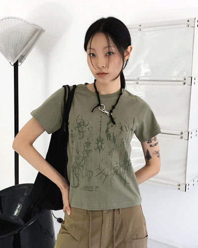 Pecon Tattoo Printing Semi Crop Short Sleeve T-Shirt