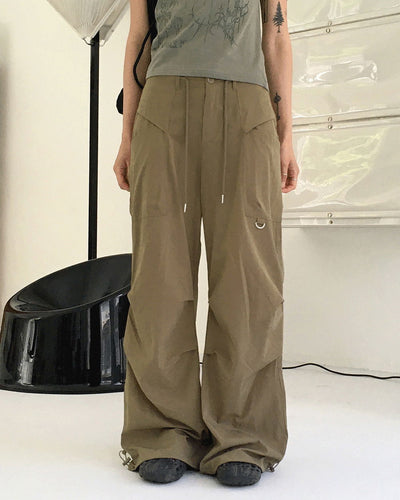 Carbon Split pocket key ring pin tuck shirring two-way long wide jogger pants