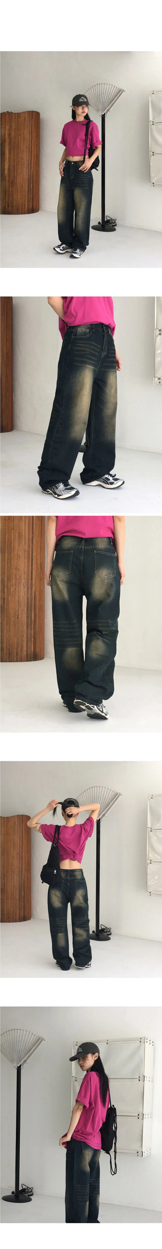 Rosen Faded Denim Long Wide Pants
