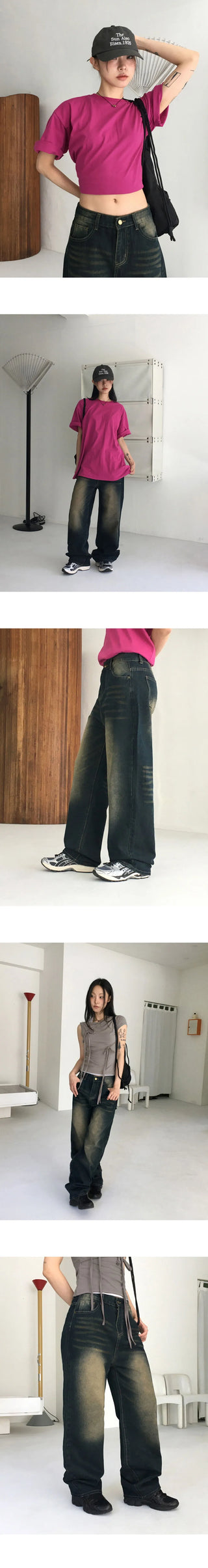 Rosen Faded Denim Long Wide Pants