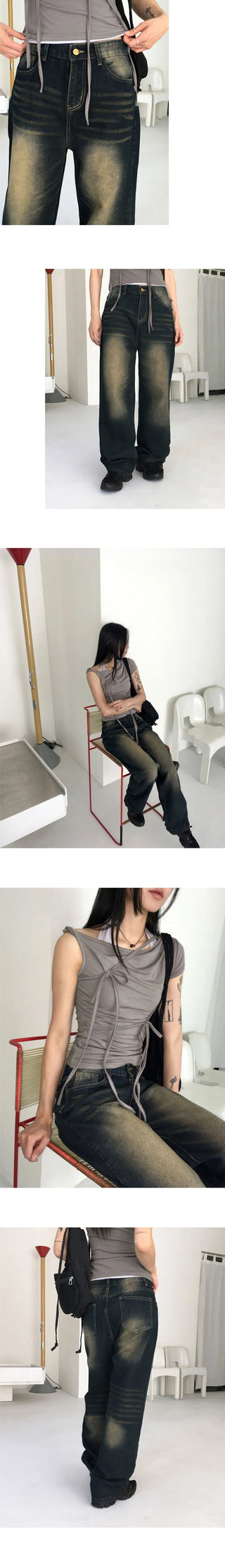 Rosen Faded Denim Long Wide Pants