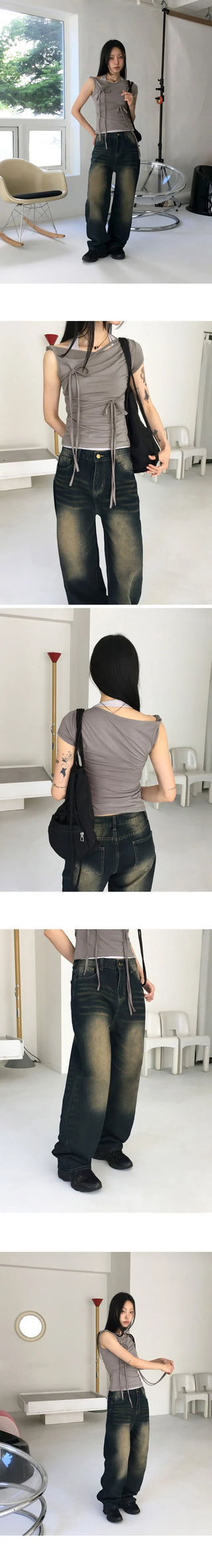 Rosen Faded Denim Long Wide Pants