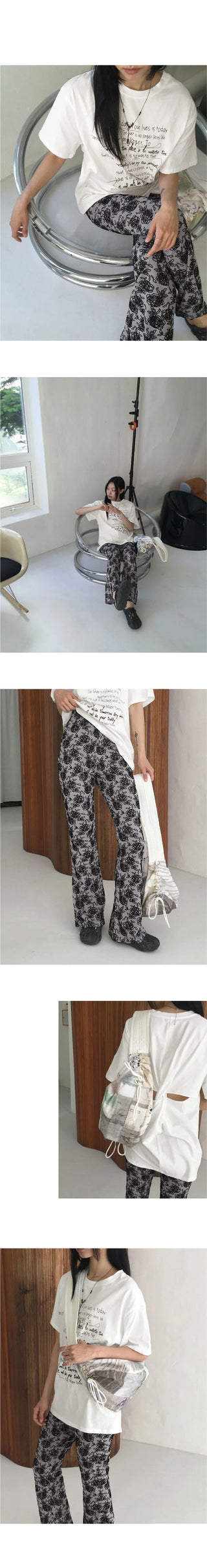 Quilted jacquard rose flower banding Flared leggings pants