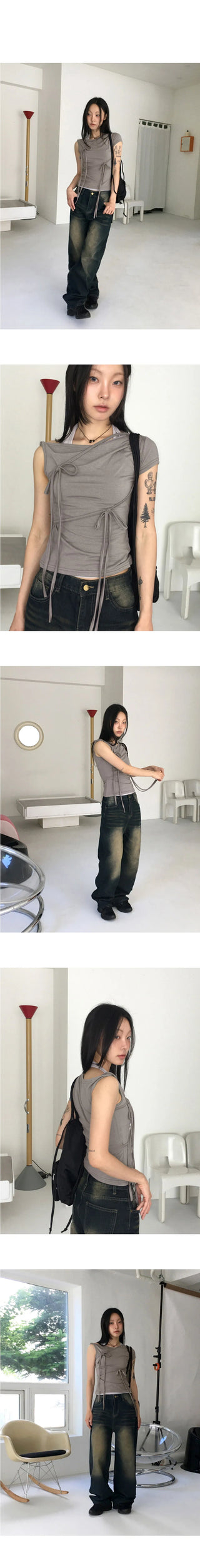 Hippod Ribbon Strap One Off Shoulder T-Shirt