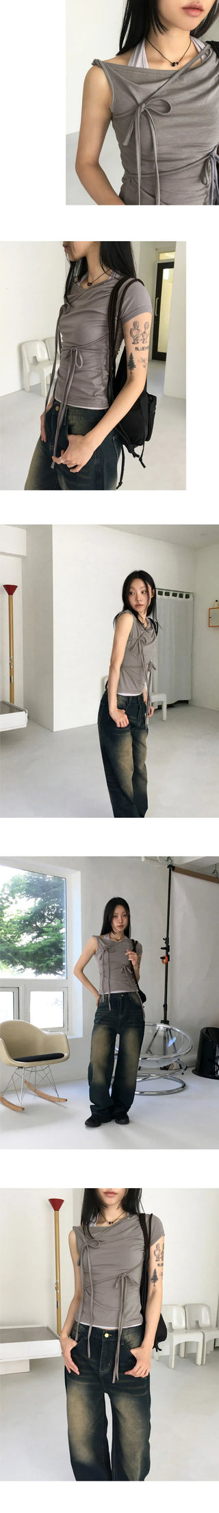 Hippod Ribbon Strap One Off Shoulder T-Shirt