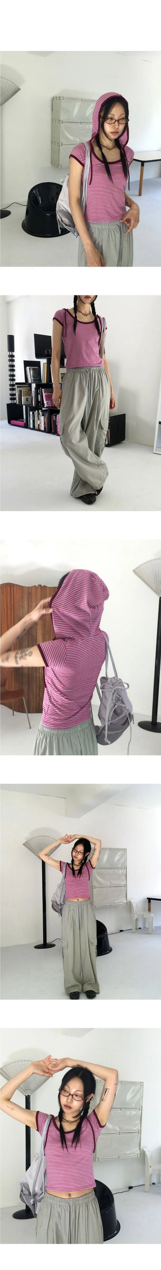 Leon stripe color combination short-sleeved hooded T-shirt