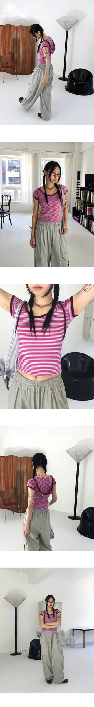 Leon stripe color combination short-sleeved hooded T-shirt