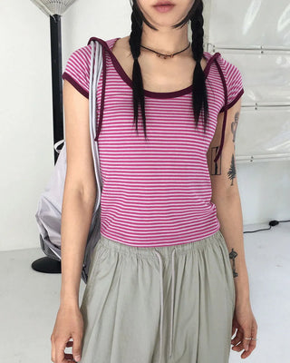 Leon stripe color combination short-sleeved hooded T-shirt