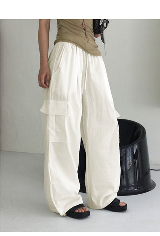Horsher rustling nylon pintuck two-way cargo long wide jogger pants
