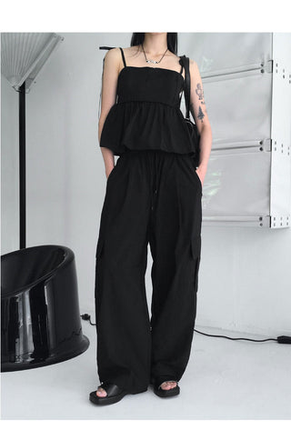 Horsher rustling nylon pintuck two-way cargo long wide jogger pants