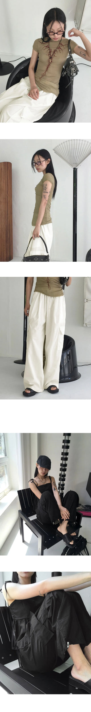Horsher rustling nylon pintuck two-way cargo long wide jogger pants