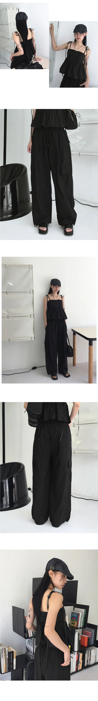 Horsher rustling nylon pintuck two-way cargo long wide jogger pants