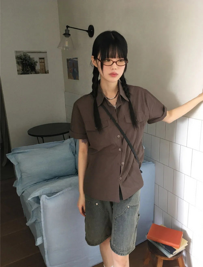 Multi-tone overfit nylon short sleeve shirt