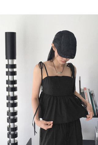 Teed Pintuck Flare Ribbon Strap Smoking Sleeveless Blouse