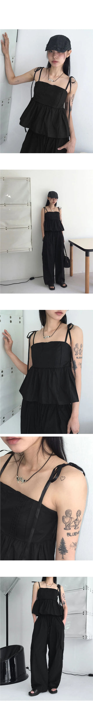Teed Pintuck Flare Ribbon Strap Smoking Sleeveless Blouse