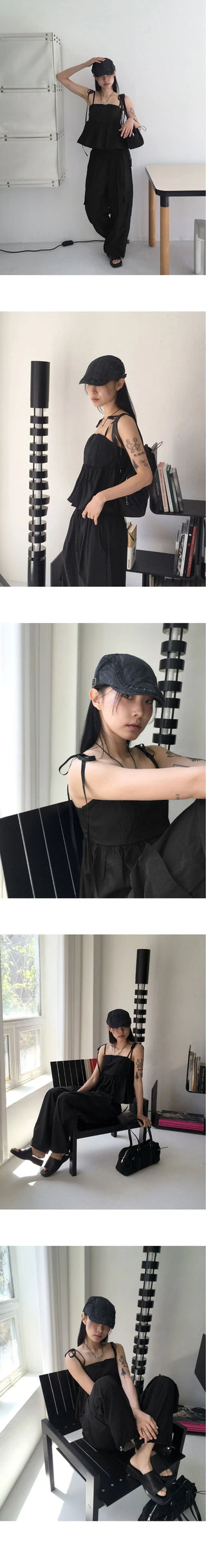 Teed Pintuck Flare Ribbon Strap Smoking Sleeveless Blouse