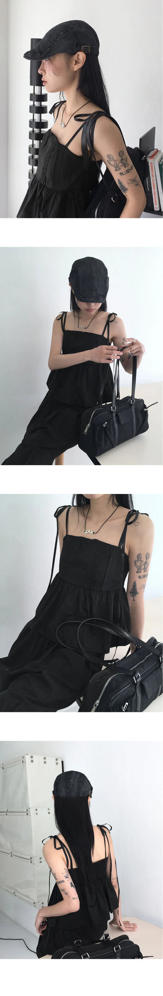 Teed Pintuck Flare Ribbon Strap Smoking Sleeveless Blouse