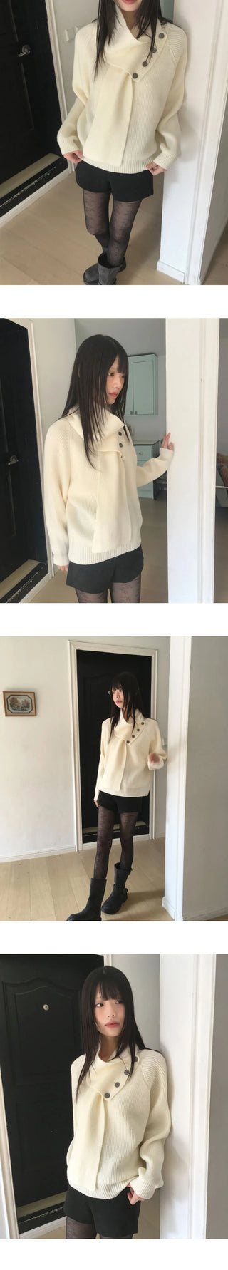 Seon Muffler Two-Way Button V-Neck Knitwear