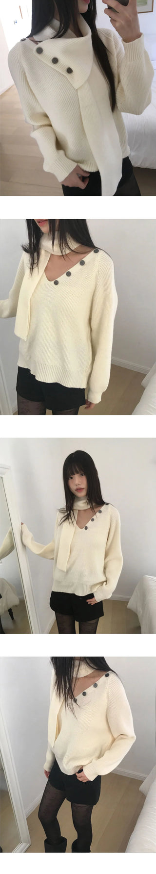 Seon Muffler Two-Way Button V-Neck Knitwear