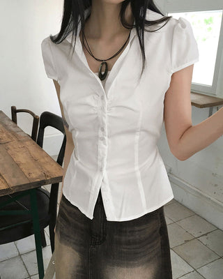 Carwin Geek Chic Back Strap Slim Shirring Short Sleeve Shirt