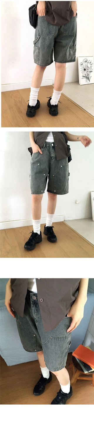 Chakin double knee rivet Bermuda 5-quarter denim short pants