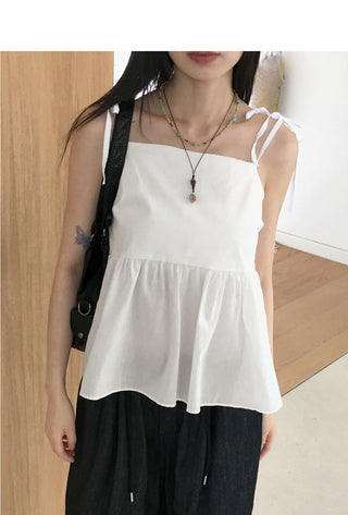 Nancy Back Slit Ribbon Cotton Layered Strap Sleeveless Blouse