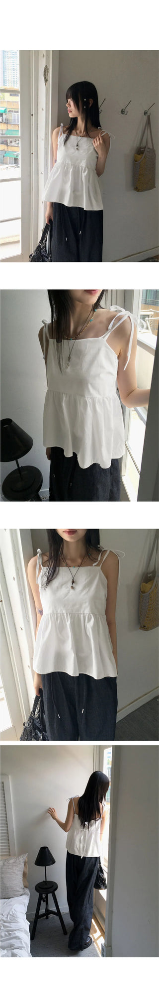 Nancy Back Slit Ribbon Cotton Layered Strap Sleeveless Blouse