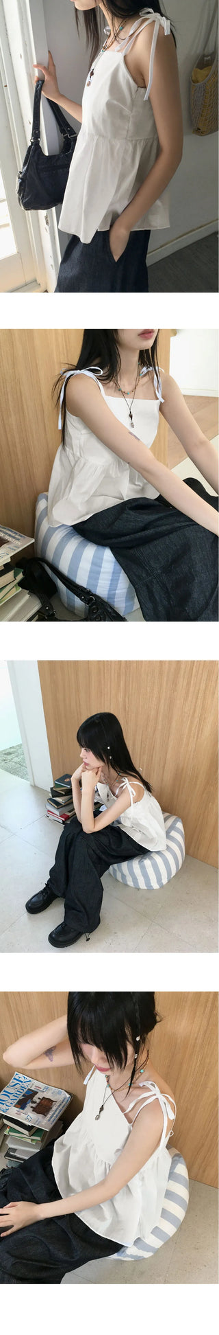 Nancy Back Slit Ribbon Cotton Layered Strap Sleeveless Blouse