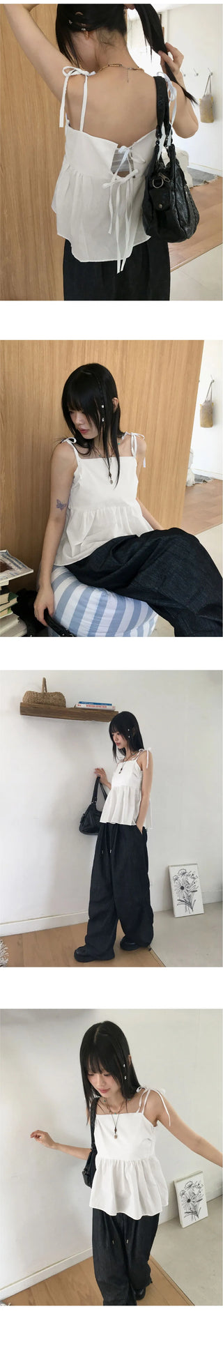 Nancy Back Slit Ribbon Cotton Layered Strap Sleeveless Blouse