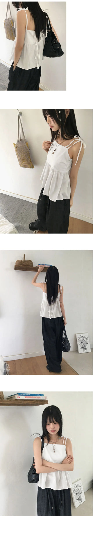 Nancy Back Slit Ribbon Cotton Layered Strap Sleeveless Blouse