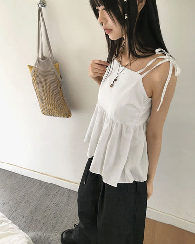 Nancy Back Slit Ribbon Cotton Layered Strap Sleeveless Blouse